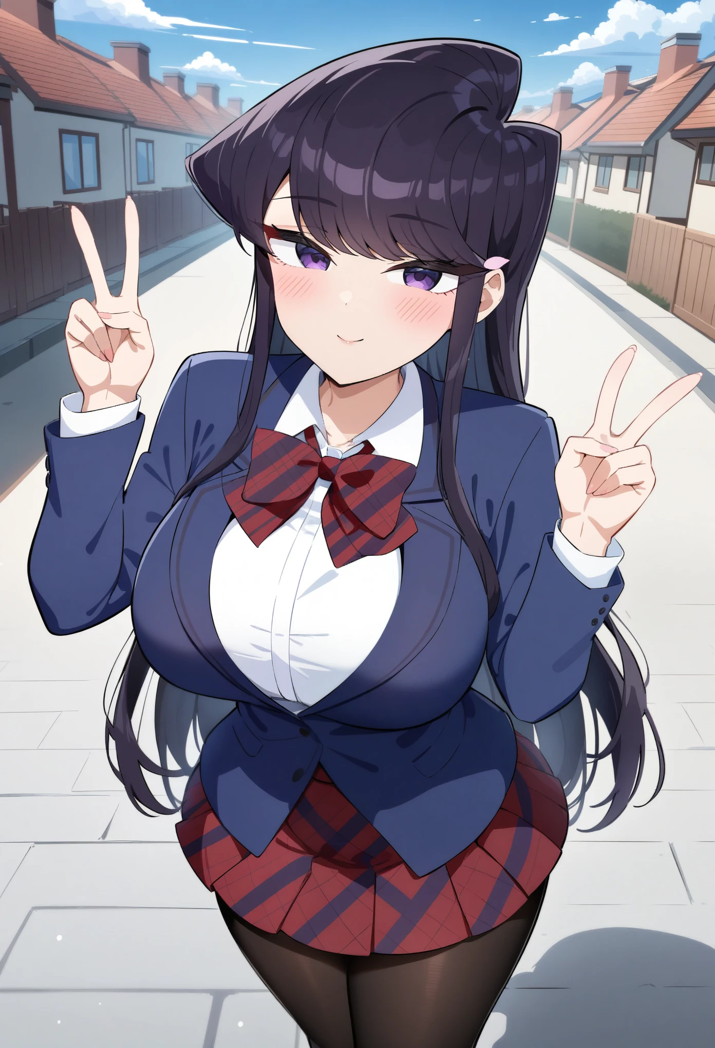 (anime art style:1.0), 2d, masterpiece, best quality, very aesthetic, absurdres, dynamic shadows, atmosferic, komi_shouko, 1girl, solo, black hair, (long hair), bangs, narrow eyes, purple eyes, big breasts, (curvy body), makeup, blush, (school uniform:1.0), blue jacket, closed jacket, white shirt, plaid skirt, red skirt, red bowtie, plaid bowtie, miniskirt, pantyhose, black pantyhose, collarbone, smile, close mouth, cowboy shot, from front, (v), standing, (looking at viewer:1.0), winter, clouds, sky, street, houses