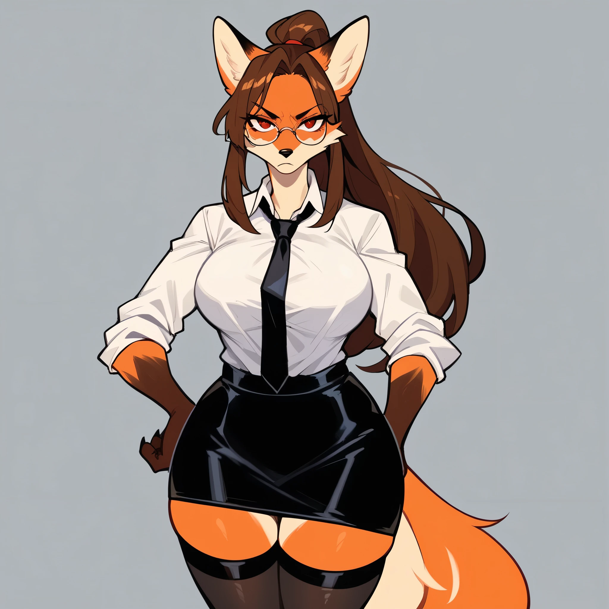 score_9,score_8_up,score_7_up, source_furry, makima chainsaw man, naked, Anthro, red furry fox girl, yellow eyes, red fox ears and tail, black nose, wearing only an opened button up dress shirt, black bra, black thong, opening her shirt, in an office