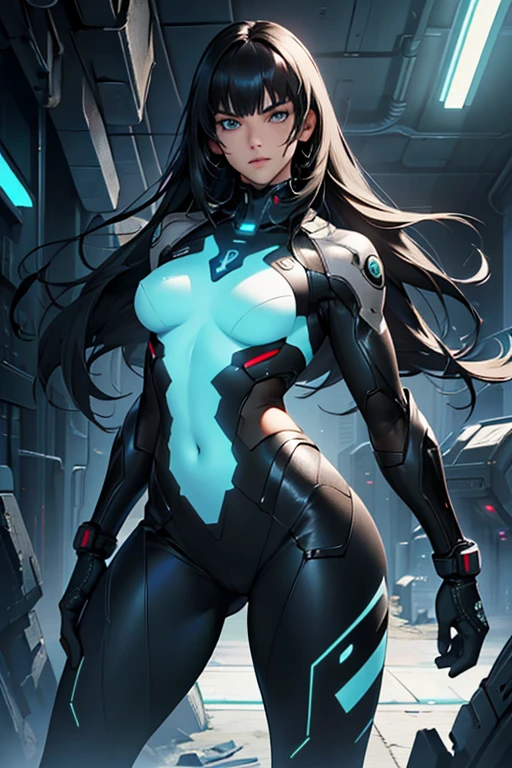 A girl with beautiful detailed eyes, beautiful detailed lips, and an extremely detailed face. 1girl. She is the widowmaker. Her gaze pierces the darkness. The striking contrast between her pale skin and her dark, flowing hair adds to her mysterious aura. She wears a tight-fitting, futuristic black suit that accentuates her graceful figure. The suit is adorned with blue accents that glow with a faint, ethereal light. Her stance is elegant yet poised, as if she is ready to strike at any moment. The background is a dimly lit room with a subtle blue ambiance, enhancing the air of intrigue and danger surrounding her. The image quality is set to (best quality, 8K, ultra HD, highres, masterpiece:1.2). The art style is sleek and stylized, giving it a unique and futuristic feel. The color palette is predominantly cool tones, with shades of blue and gray creating a brooding atmosphere. The lighting is dramatic, with soft, directional light casting intriguing shadows on her face and body.