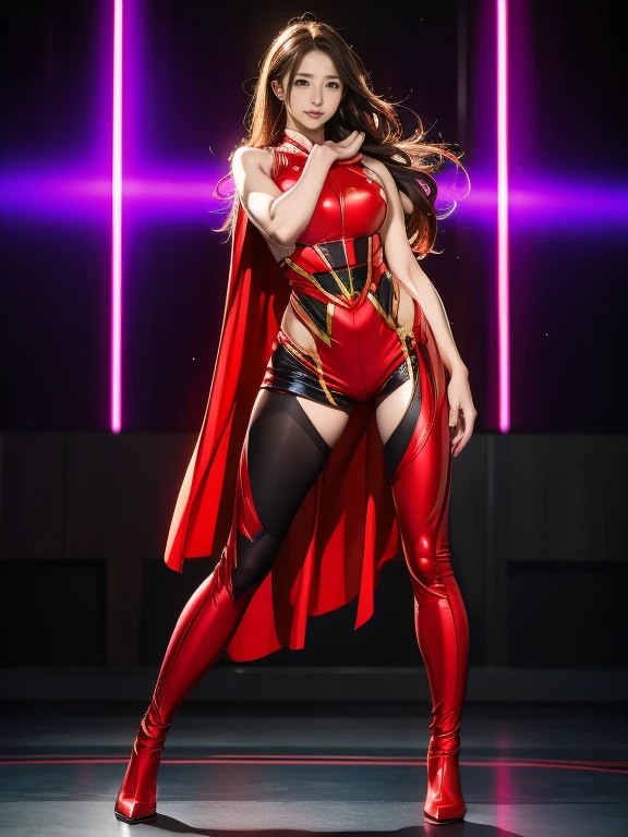 15 year old cute girl in long cloak and bodysuit in dark cyberpunk city, Very long hair, Blue and red hair, masutepiece, Hyper realistic, 8K, Bokeh, Fire Luminescent, luminous body,Two hands on the machine、Both legs of the machine、Metal、