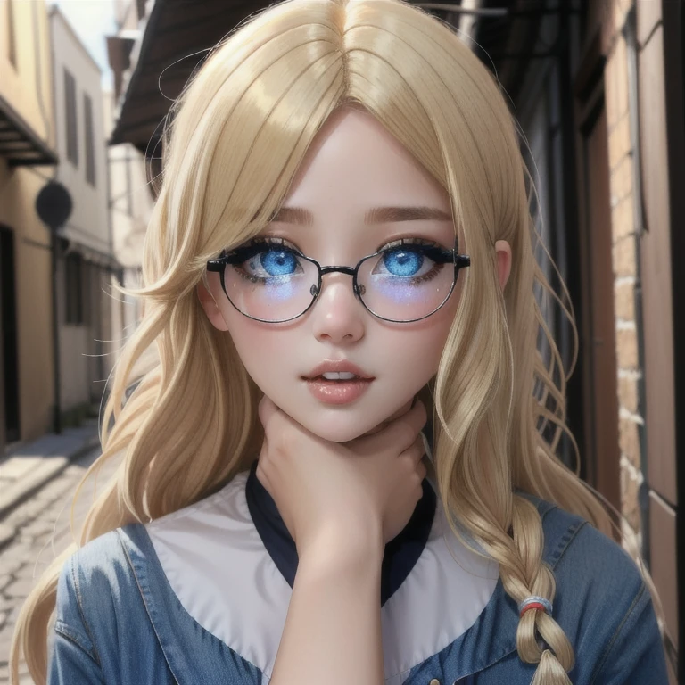 (detailed eyes:1.3), Beautiful Lighting, (1girl:blue  eyes, blonde hair, absurdly long hair, hair between eyes), (real skin), (outdoors, alley:1.2), 
 1girl, glasses, rolling eyes, strangling, asphyxiation, drooling, tearing up, spoken heart, on back