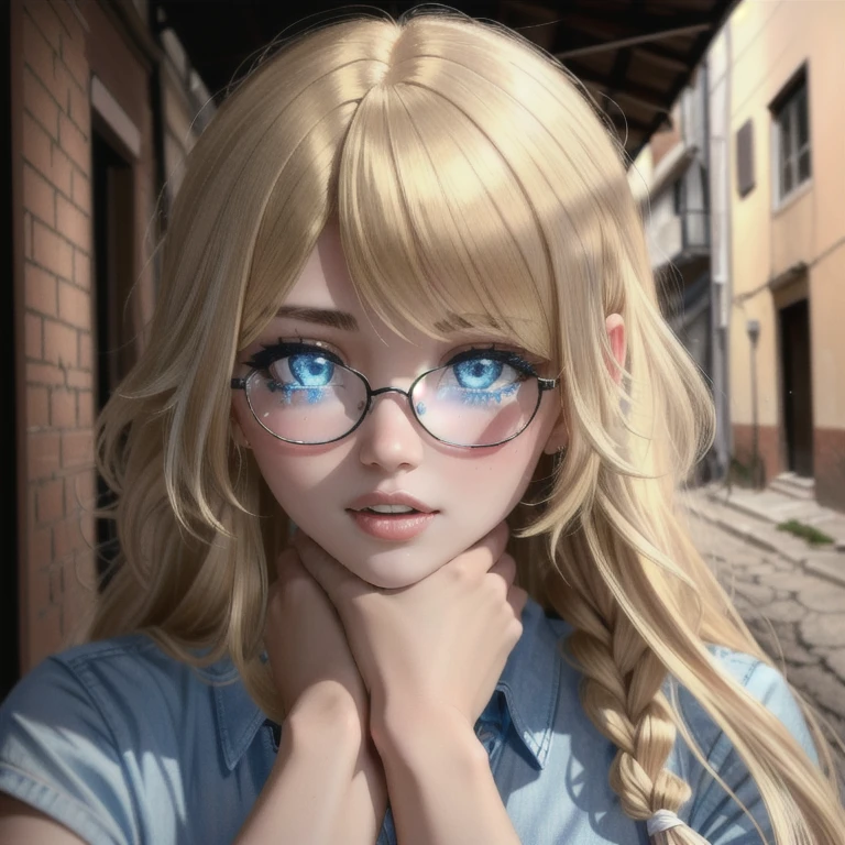 (detailed eyes:1.3), Beautiful Lighting, (1girl:blue  eyes, blonde hair, absurdly long hair, hair between eyes), (real skin), (outdoors, alley:1.2), 
 1girl, glasses, rolling eyes, strangling, asphyxiation, drooling, tearing up, spoken heart, on back