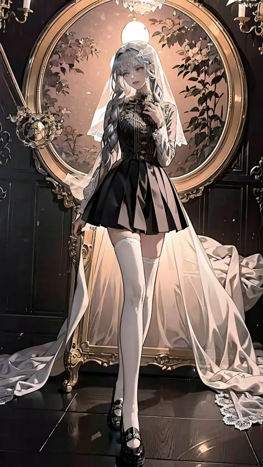 ((best quality)), ((masterpiece)), (detailed), very skinny, prominent collarbones, skinny arms, flat stomach, visible hip bones, red and white clothing, Bloodborne inspired, occult aesthetic, occult, detailed and intricate steampunk and detailed gothic, NSFW, Very dramatic and cinematic lighting, cosmic horror, grim-dark, side-lighting, perfect face, NSFW, Fluttering lace flared long knee length dress with frilly petticoats, knee length dress, pleated petticoats, lolita dress, petticoats gothic lolita, complex lace boots, side-lighting, gothic lolita aesthetic, wielding a mighty sword with mechanical components, carbine, NSFW, beautiful small breasts, small breasts, full body, whole body, body, NSFW, full body, whole body, head-to-toe NSFW