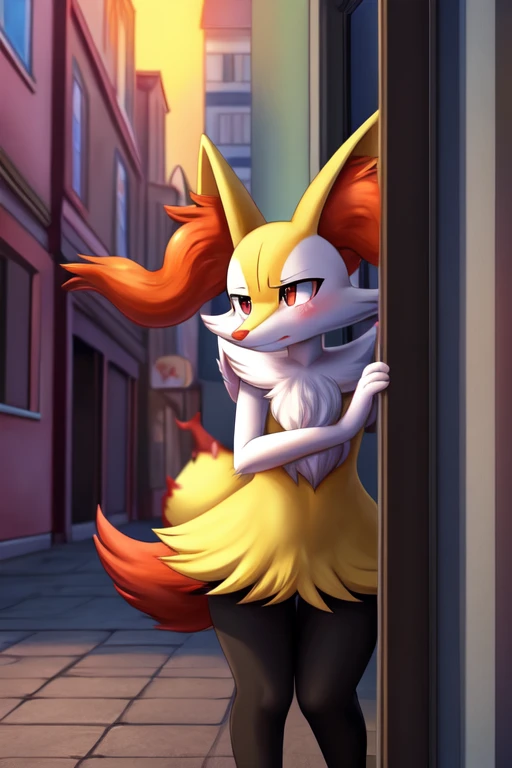 1girl, 1, braixen, furry, anime, looking at viewer, detailed street background, evening, standing in the doorway, sad face, shy pose, blush, pokemon, milticolor fur, anthropomorphic character, clothed