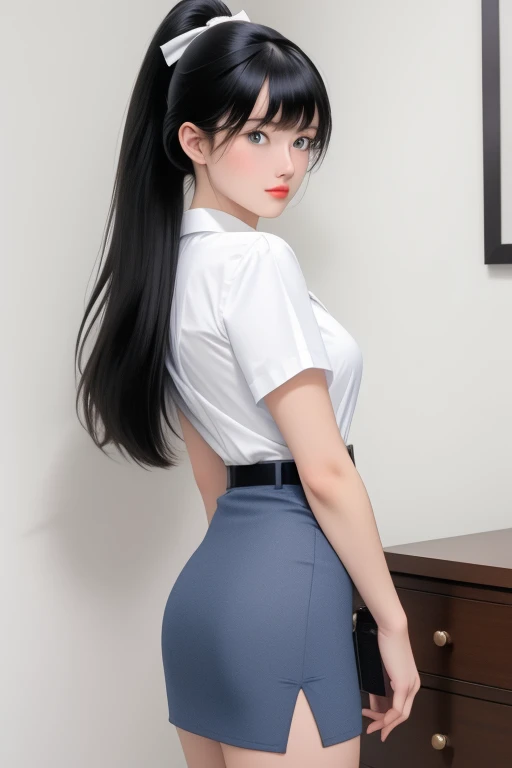 1girl,high solution,anime girl, bangs, belt, black hair, blue eyes,short mini thin black cotton pencil skirt,white pantie, blurry, blurry background, blush, bottomless, breasts, closed mouth, collared shirt no bra, cum, dress shirt, dutch angle, erection, faceless, faceless male, hair between eyes, hair ribbon, hetero, indoors, jewelry, long hair, looking at viewer, pencil skirt, ponytail, pubic hair, ring, shirt, shirt tucked in, short sleeves, sidelocks, skirt, solo focus, table, uncensored, veins, , white shirt,white pantie,panty line,standing,turn back,ass,