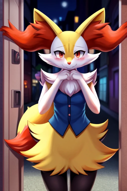 1girl, 1, braixen, furry, anime, looking at viewer, detailed street background, evening, standing in the doorway, sad face, shy pose, shy smile, blush, pokemon, milticolor fur, anthropomorphic character, clothed