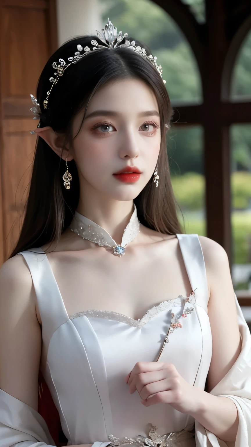 a close up of a woman in a dress with a hair band, a beautiful fantasy empress, beautiful and elegant elf queen, ((a beautiful fantasy empress)), white hanfu, palace ， a girl in hanfu, full body xianxia, fantasy art style, pale milky white porcelain skin, very beautiful elven top model, inspired by Lan Ying