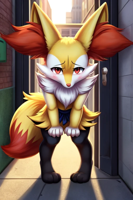 1girl, 1, braixen, furry, anime, looking at viewer, detailed street background, evening, standing in the doorway, sad face, shy pose, blush, pokemon, milticolor fur, anthropomorphic character, clothed