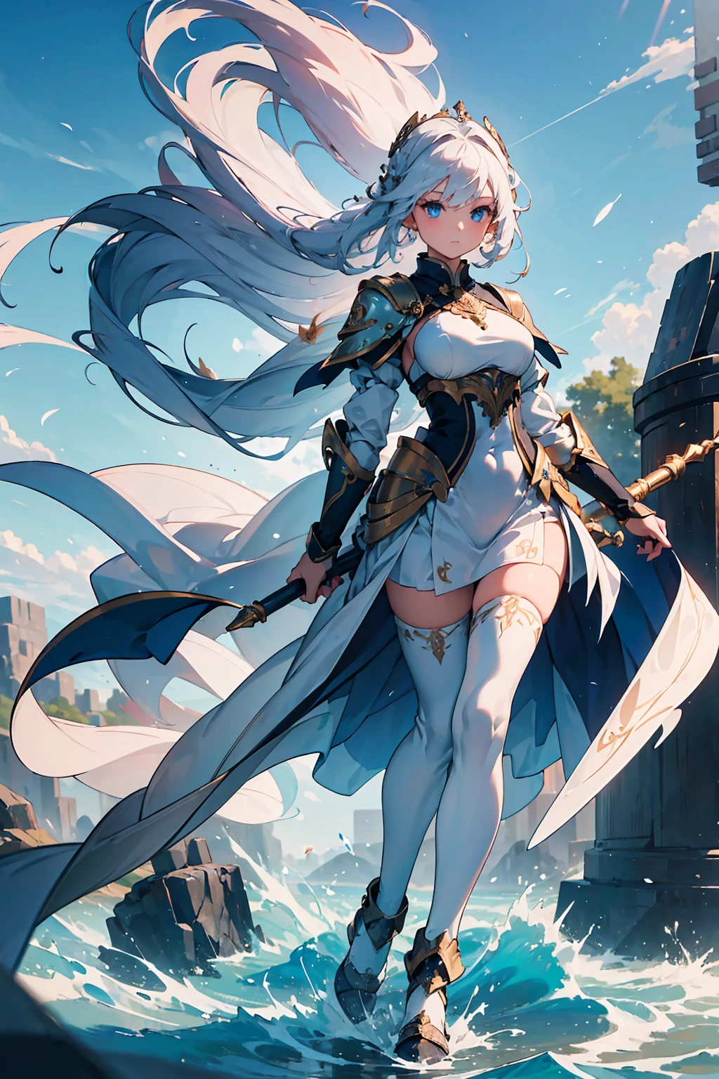 (((masterpiece, best quality, high detailed, 16k))) (1girl) A graceful and ethereal goddess with long, flowing white hair that moves as if caught in a perpetual breeze, and soft sky-blue eyes. She wears a light, airy armor that seems to be made of swirling wind and clouds. Her movements are as fluid as the wind, and she holds a staff adorned with floating feathers and gusts of air. ((full body front view)), (extremely detailed:1.5)
