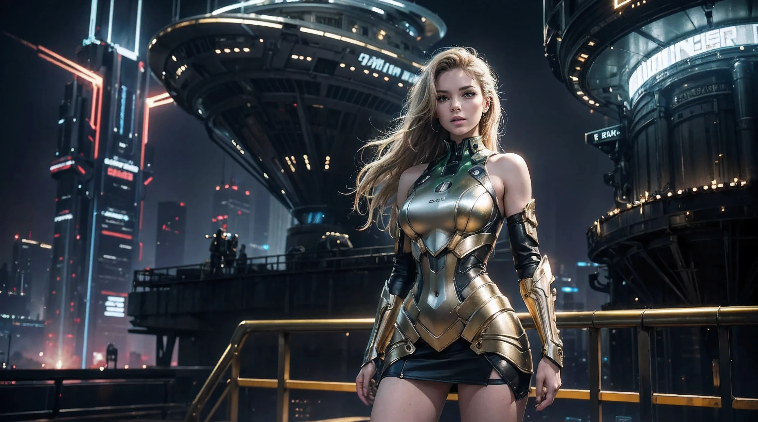 1women,  solo,  8K high Resolution,  Masterpiece,  Best Quality,  hyper-realistic,  cinematic Light,   hips up,  Abs,  Perfect Figure,  Ultra Fine Face,  Delicate Lips,  Beautiful,  dewy skin,  Wavy Green hair,  super fine hand,  fine finger,  Cyber punk Armor Dress with intricate gold accents,  micro mini skirt,   bare shoulder,  detailed,  mild smile,  Slim thighs,  Night,  ruined rooftop,  cinematic pose,  standing,  in front of a Space Ship