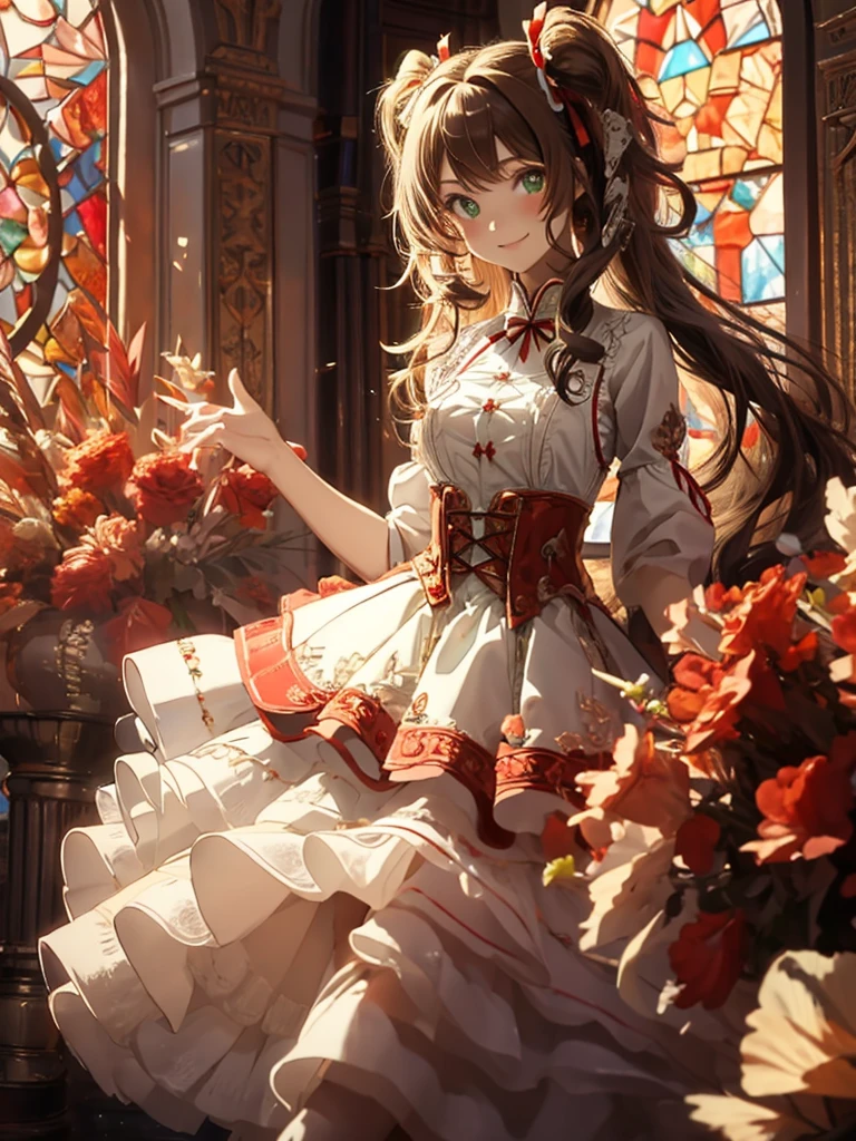 {{{***1 personのイラスト}}}, , 1 person, Green Eyes, Brown Hair,Long Hair,Red ribbon twintails, Small breasts,Red and white gothic, Voluminous mini skirt, low length, Cheerful smile, 32K image quality, Ancient Battlefields, Very finely embroidered clothing