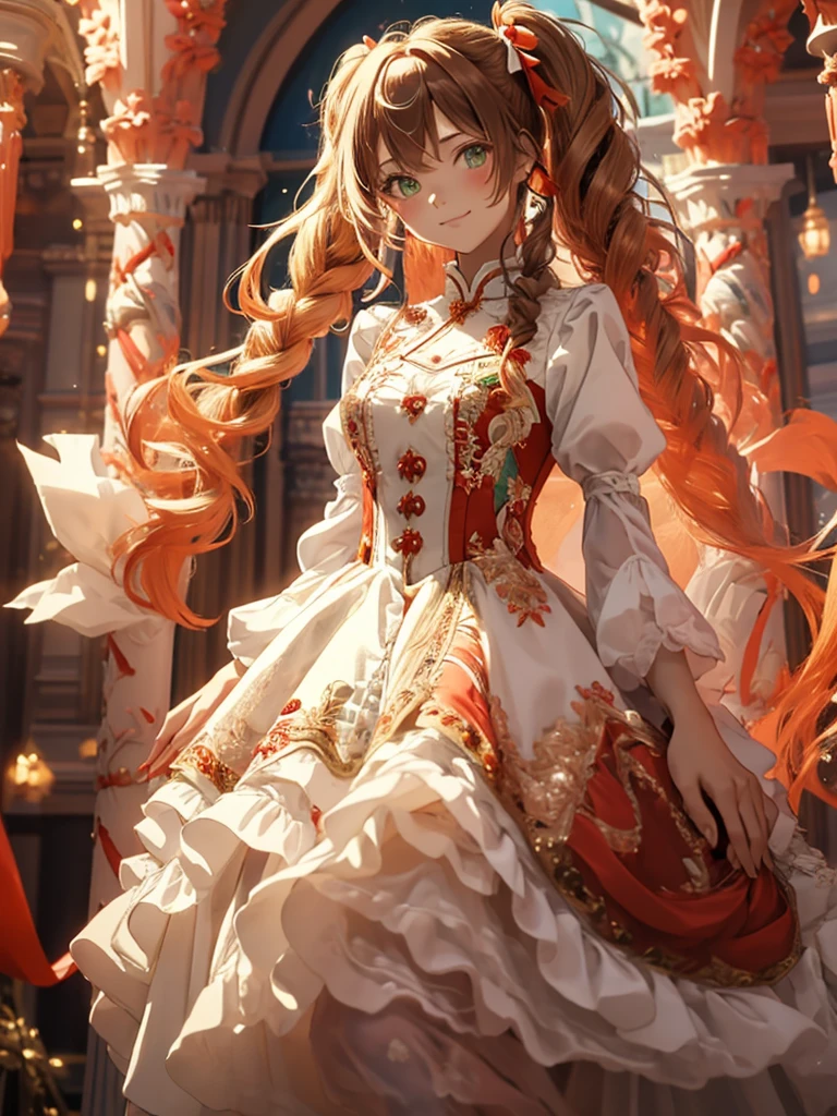 {{{***1 personのイラスト}}}, , 1 person, Green Eyes, Brown Hair,Long Hair,Red ribbon twintails, Small breasts,Red and white gothic, Voluminous mini skirt, low length, Cheerful smile, 32K image quality, Ancient Battlefields, Very finely embroidered clothing