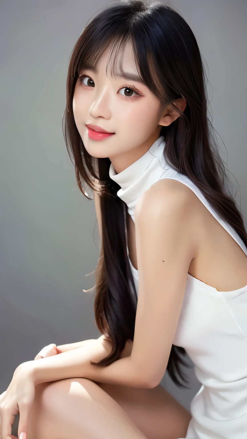 vivid,Normal chest,(between legs),cute,(Detailed face),White sleeveless turtleneck dress,Ultra-high resolution,(Photorealistic:1.7),Black long hair,Gray background,
