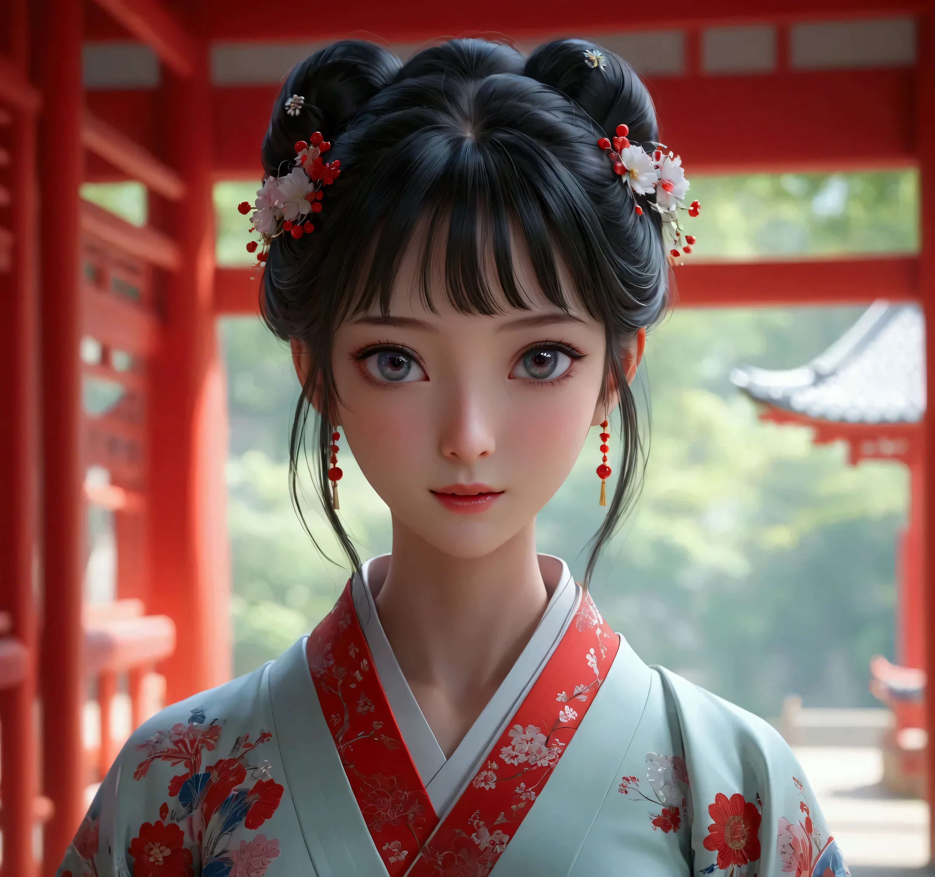 there is a woman with a flowered hair piece in a red and white dress, palace ， a girl in hanfu, realistic anime 3 d style, 3 d anime realistic, artwork in the style of guweiz, render of a cute 3d anime girl, anime styled 3d, japonisme 3 d 8 k ultra detailed