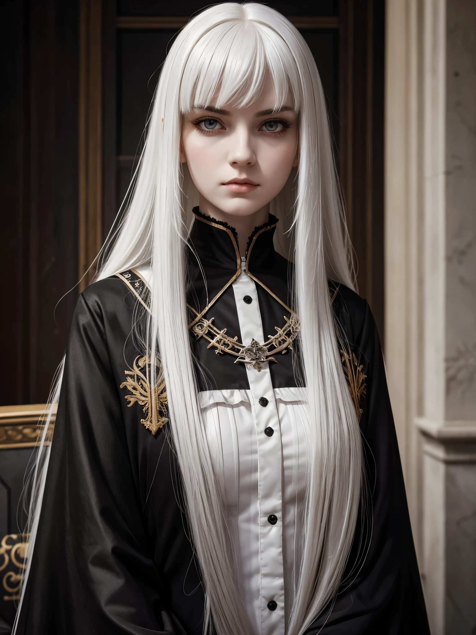 (best quality), 1girl, female, pale skin, split-color hair, black hair, white hair, long hair, parted bangs, straight hair, dark eyes, perfect eyes, royal clothes, scowl, (dark fantasy), gothic, masterpiece, anatomically correct, highres
