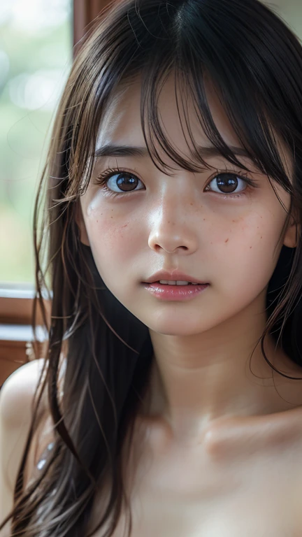 Face Focus, Soft light, Ultra-high resolution, (Realistic:1.4), RAW Photos,
1 Japanese girl, Alone, cute, (pupil, Light in the eyes),  Every detail of a beautiful face, (),(High resolution detail of human skin texture),
(Long Hair)、Fluttering Hair、Please raise your hand、Place your hands behind your head、Armpits、Open your mouth a little、amount、Show your forehead、blush、Freckles、
indoor,
(topless:1.3),Beautiful clavicle、
(Portraiture)