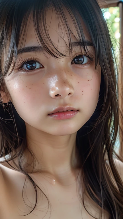 Face Focus, Soft light, Ultra-high resolution, (Realistic:1.4), RAW Photos,
1 Japanese girl, Alone, cute, (pupil, Light in the eyes),  Every detail of a beautiful face, (),(High resolution detail of human skin texture),
(Long Hair)、Fluttering Hair、Please raise your hand、Place your hands behind your head、Armpits、Open your mouth a little、amount、Show your forehead、blush、Freckles、
indoor,
(topless:1.3),Beautiful clavicle、
(Portraiture)