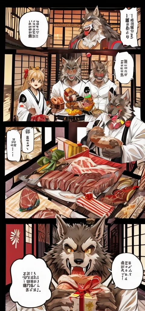 Color Comics、Japanese Manga、Werewolf talks about presents、Birthday werewolf story、A four-panel comic about giving delicious meat as a gift、Delicious meat dishes as gifts、Happy Face、smile、cute、Cartoon werewolf talking about meat、