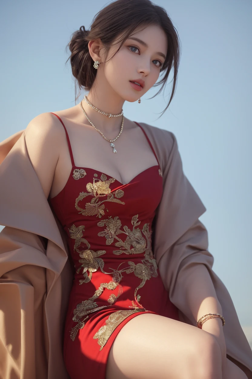 (Ultra-detailed, photorealistic, best quality, 4k, 8k, highres, masterpiece:1.3), (bold, avant-garde fashion), 1 female, age 18, tan skin, powerful presence, she's wearing a Rebirth in Chaos dress, Vietnamese traditional clothes, a striking contrast of soft silk and hard metal, adorned with chains and zippers, dominant colors are red and black, standing fiercely, dramatic lighting, no logos on background, a chaotic, abstract background, symbolizing the strength and beauty that emerge from chaos.
