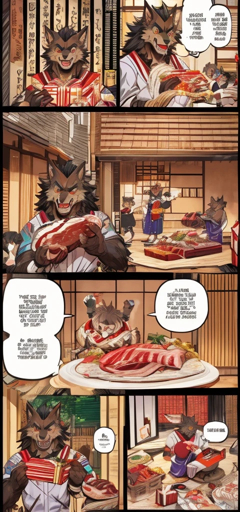 Color Comics、Japanese Manga、Cute werewolf talks about presents、Birthday werewolf story、A four-panel comic about giving delicious meat as a gift、Delicious meat dishes as gifts、Happy Face、Your smile is cute、Cartoon werewolf talking about meat、