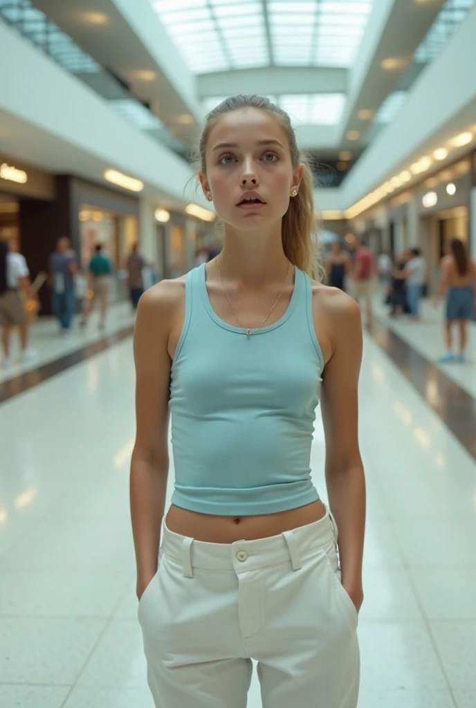 Natalie Portman, girl with the most beautiful face in the world, 13 years, full body view in the empty mall, with grey eyes and dark blond flat hair, surprised expression, ponytail, realistic photography, real photo, very small breast, slim, wearing white hot pants and multi fabric light blue tight tanktop, surprised expression, mouth a little bit open