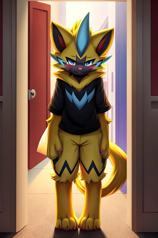 1girl, 1, zeraora, furry, anime, looking at viewer, detailed street background, evening, standing in the doorway, sad face, shy pose, shy smile, blush, pokemon, yellow fur with milticolor parts, anthropomorphic character, clothed