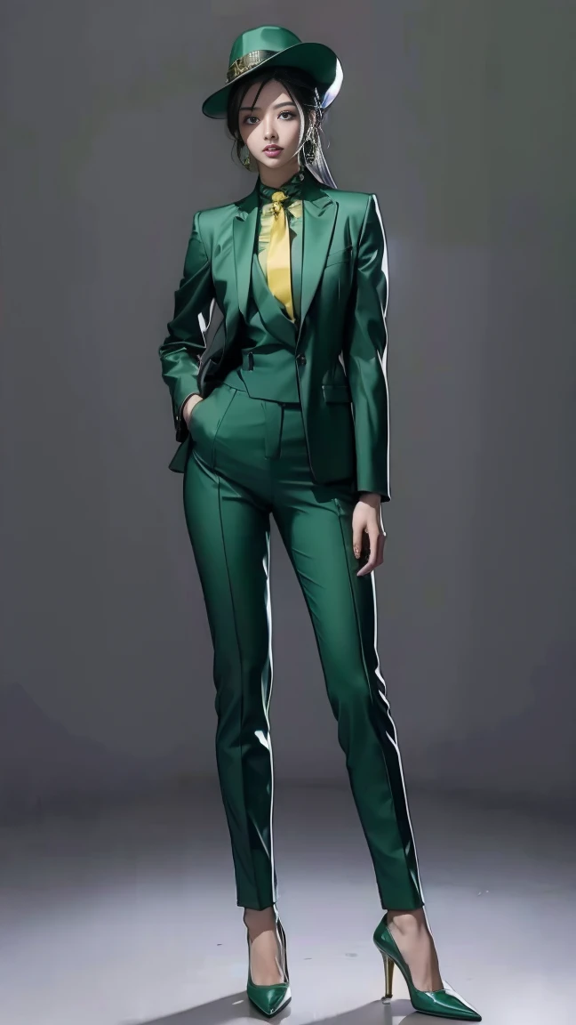 very beautiful Korean Lady,in Las Vegas,high class moss green suit,yellow business shirt,tie,white high heel,Borsalino Hat,standing like a fashion model