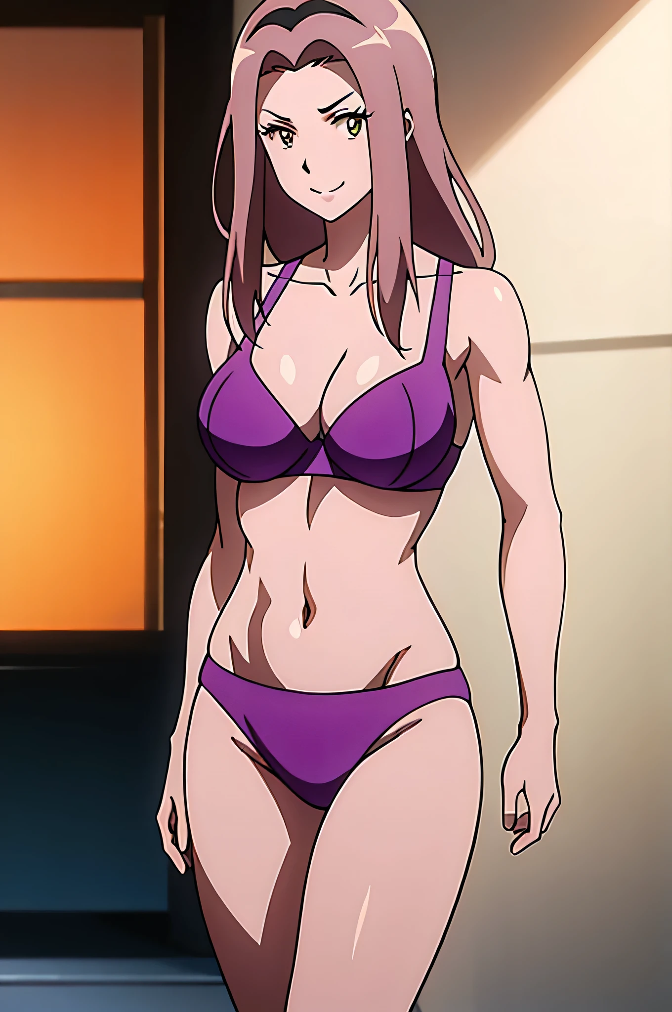 Big breasted anime woman showing off her cleavage and nipples, Attractive anime women, (SFW) Safe for Work, alone, Woman with long purple hair, Brown eyed woman, Teasing Smile, Boobs, clothing:Bra, With very large breasts, cleavage, navel, collarbone, 紫のBraを着た女性, Woman wearing purple panties, Attractive anime woman, Muscular Woman, Feminine and muscular, Braの着用, wearing panties, Only underwear, Tall Woman, Adult sex appeal, Your boobs, had very large breasts, Big Tits Same!, Ecchi anime style, Bra and panty only, [ 4k digital art ]!!, looking at viewer, Cowboy Shot, Female focus, 