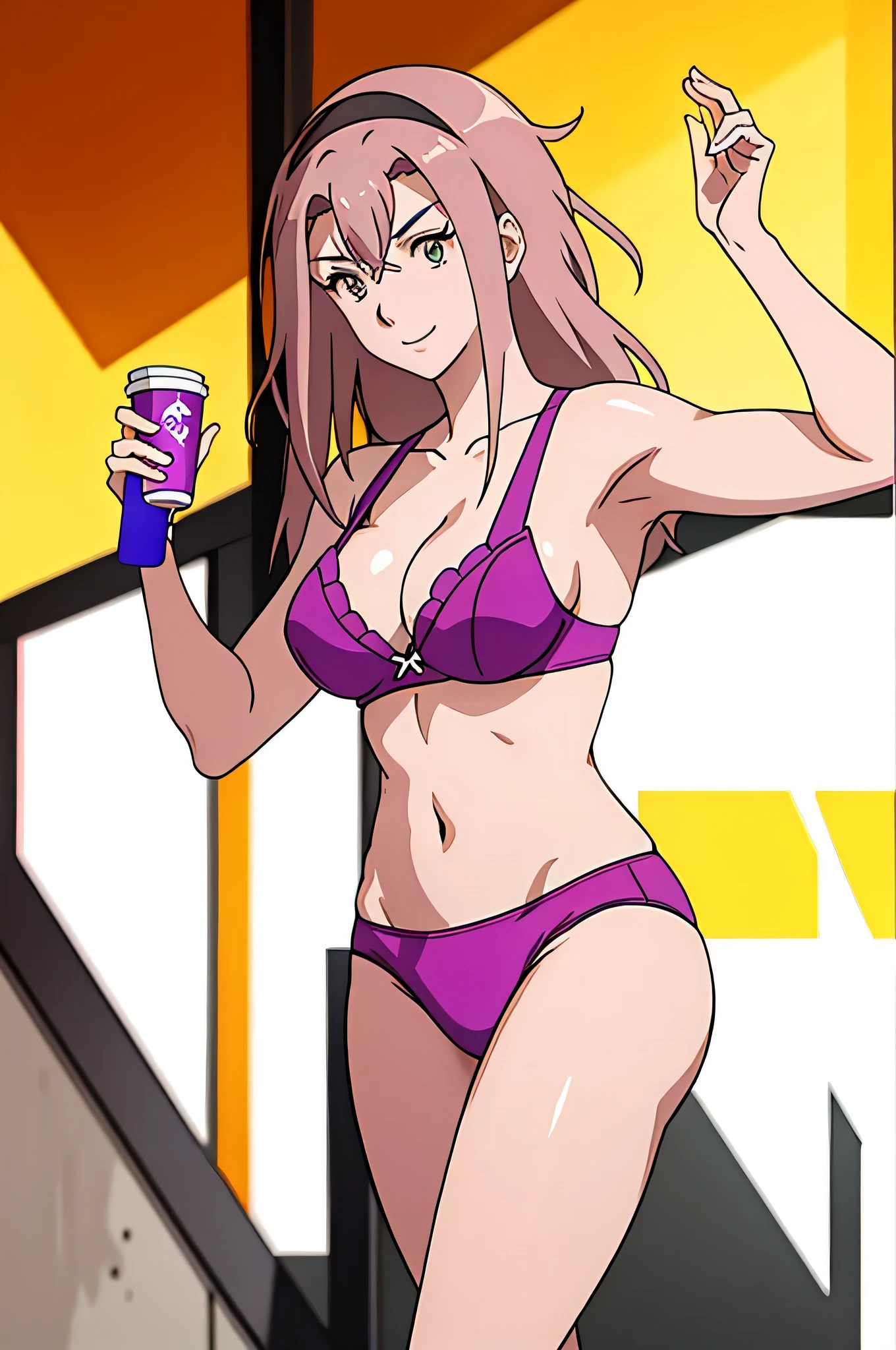 Big breasted anime woman showing off her cleavage and nipples, Attractive anime women, (SFW) Safe for Work, alone, Woman with long purple hair, Brown eyed woman, Teasing Smile, Boobs, clothing:Bra, With very large breasts, cleavage, navel, collarbone, 紫のBraを着た女性, Woman wearing purple panties, Attractive anime woman, Muscular Woman, Feminine and muscular, Braの着用, wearing panties, Only underwear, Tall Woman, Adult sex appeal, Your boobs, had very large breasts, Big Tits Same!, Ecchi anime style, Bra and panty only, [ 4k digital art ]!!, looking at viewer, Cowboy Shot, Female focus, 