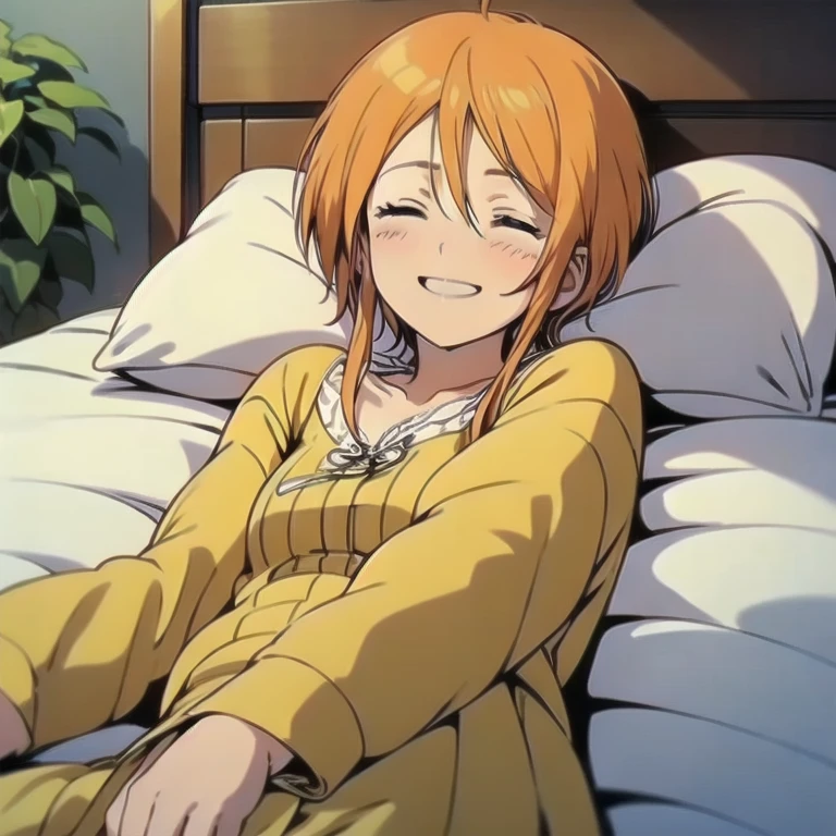 (masterpiece、Highest quality、High resolution、Perfect artwork、The perfect woman、1 Girl、solo)、
L People、Nightwear、
Short Hair、Orange Hair、Short hair, long locks、Side Lock、Hair between the eyes、blue eyes、
Cute anime girl、 smile、Sleep in bed、Sprawled out to sleep