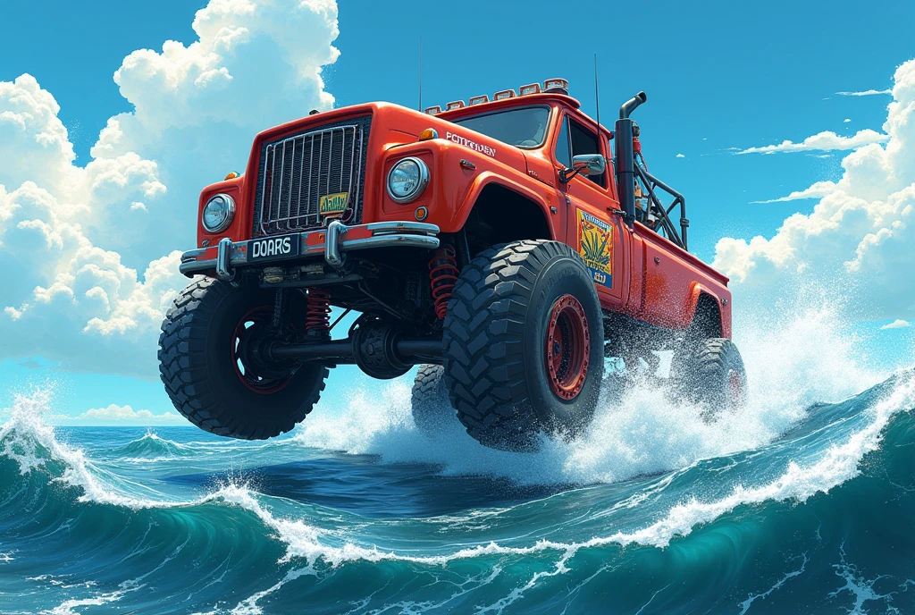 The open sea, Truck running on the sea, Rally, Flying the waves, from above, anime style, accurate, super detail, high quality, highres, 4K