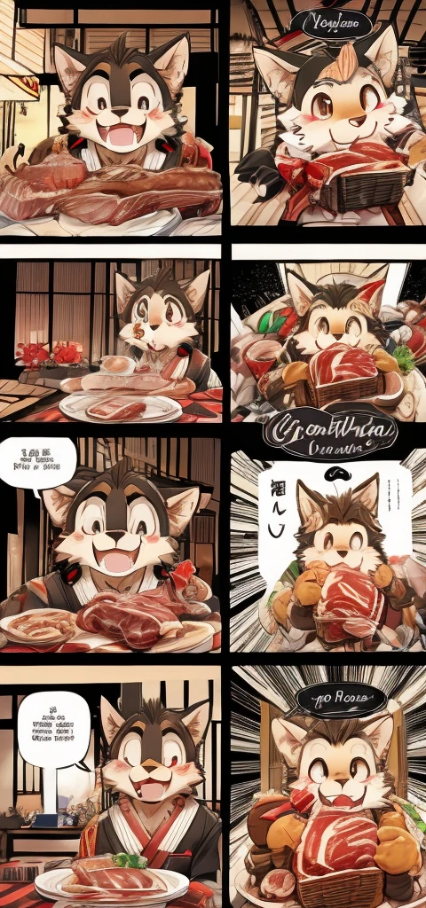 Color Comics、Japanese Manga、Cute werewolf talking about gifts、Birthday werewolf story、A four-panel comic about giving delicious meat as a gift、Delicious meat dishes as gifts、Happy Face、Your smile is cute、Cartoon werewolf talking about meat、