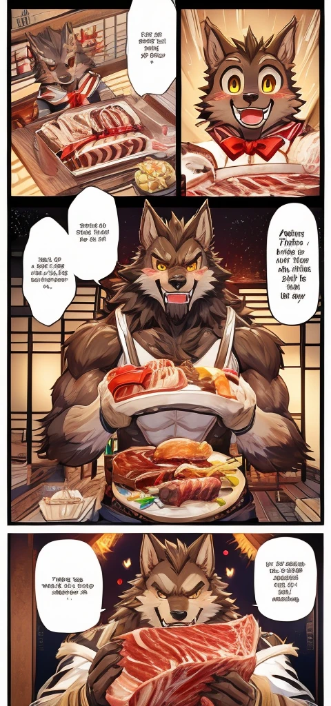 Color Comics、Japanese Manga、Cute werewolf talking about gifts、Birthday werewolf story、A four-panel comic about giving delicious meat as a gift、Delicious meat dishes as gifts、Happy Face、Your smile is cute、Cartoon werewolf talking about meat、