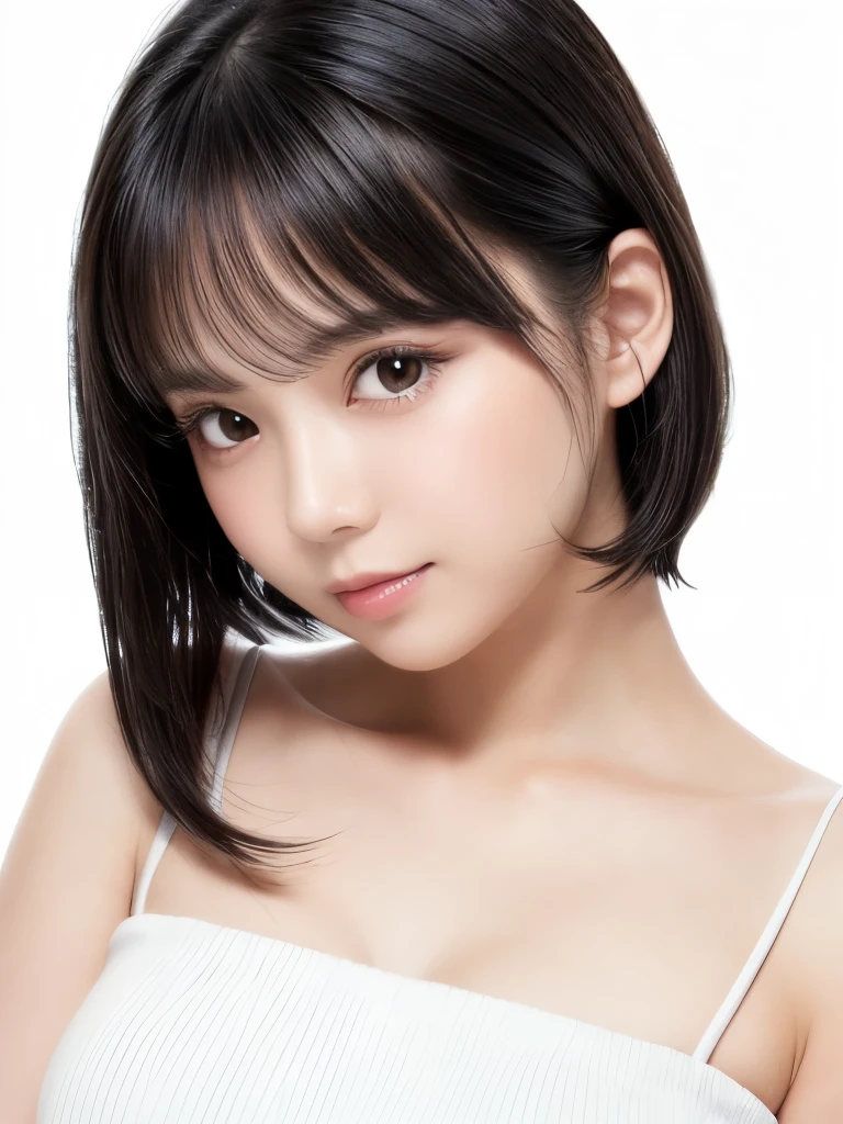 highest quality, Realistic, 8K, High resolution, 1 Girl, woman, (Skin dents), (Portraiture:0.6), nice, ((White Background, Completely naked, Small breasts:1.65)), (Short brown hair, Parted bangs:1.4), Watching the audience, (1 Girl eyes Watching the audience:1.6), Realistic, (Bokeh), (Closed Mouth, smile:1.3), nice, Purelos Face_V1:1,