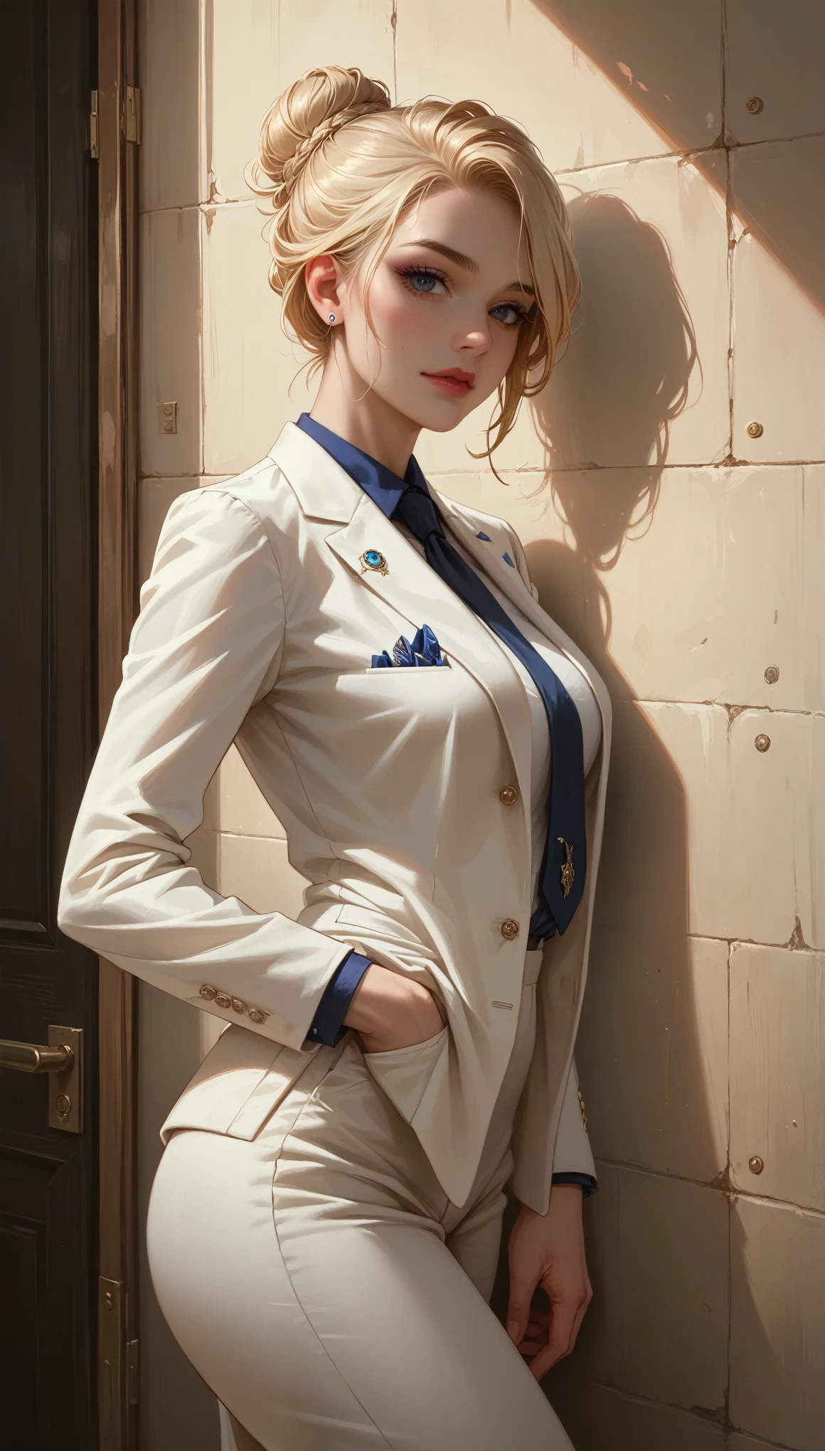 portrait for dating site, Blonde with a perfect figure. expensive elite items and jewelry, Big boobs, open neckline in a custom made suit, business lady. looks at the viewer,  hair tied into one bun, against the wall, realism, in an expensive suit, elegant, sexy, hyper-detailed, realistic face, adult face