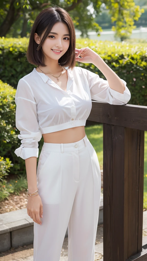 A high-resolution, realistic image of a beautiful Japanese woman in her 40s with a short haircut. She is dressed in a blouse and a mini skirt, exuding a delicate and sensual aura. She is making a gesture of running her fingers through her hair. The setting is a summer date, and the image should convey a subjective, personal perspective with detailed depiction.