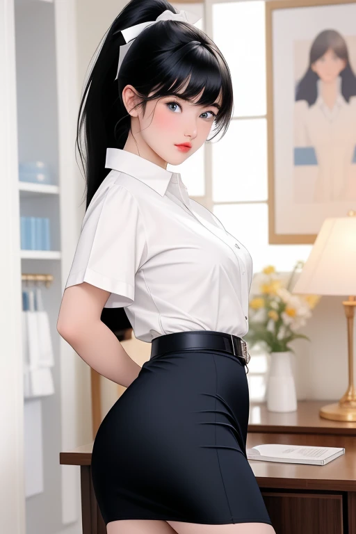 1girl,high solution,anime girl, bangs, belt, black hair, blue eyes,short mini thin black cotton pencil skirt,white pantie, blurry, blurry background, blush, bottomless, breasts, closed mouth, collared shirt no bra, cum, dress shirt, dutch angle, erection, faceless, faceless male, hair between eyes, hair ribbon, hetero, indoors, jewelry, long hair, looking at viewer, pencil skirt, ponytail, pubic hair, ring, shirt, shirt tucked in, short sleeves, sidelocks, skirt, solo focus, table, uncensored, veins, , white shirt,white pantie,panty line,standing,turn back,ass,