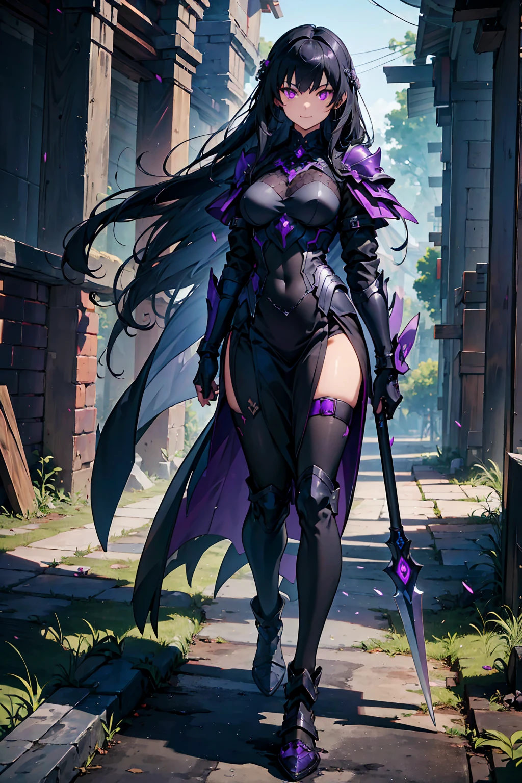 (((masterpiece, best quality, high detailed, 16k))) (1girl) A mysterious and dark woman with long, flowing jet-black hair that blends into the shadows around her, and glowing purple eyes filled with malice. Her expression is one of silent arrogance, her smile a subtle curve that hides unspeakable power. She wears a dark, sleek black and purple armor that absorbs light, making her seem like a walking shadow. Her armor is adorned with purple gems that pulse with dark energy, and misty tendrils of shadow wrap around her form. She stands within a forgotten, ruined temple, surrounded by darkness, as the shadows themselves seem to obey her every whim. In her hand, she wields a scythe forged from the void, its edge crackling with dark energy. ((full body front view)), (extremely detailed:1.5)
