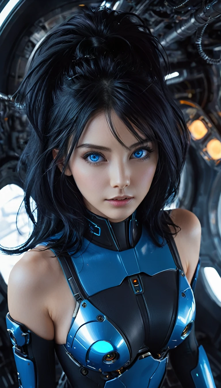 woman, Mechanical Blue Body ，Best Quality, masterpieceUltra HD, 8k,Futuristic spaceship interior，サイバーブルースーツを着たwoman，Black Hair，青 eyes，Shortcuts, Best Quality, High resolution, Ultra HD, blue eyes, 