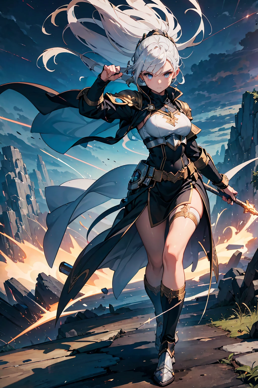 (((masterpiece, best quality, high detailed, 16k))) (1girl) A fierce and commanding woman with short, wild white hair that crackles with static energy, and stormy gray eyes that flicker with lightning. Her expression is one of sheer determination, her presence like the calm before the storm. She wears a gleaming, metallic silver armor with golden accents, designed to evoke the power of thunder and lightning, with sparks of electricity dancing across her form. Thunderclouds swirl around her feet as lightning arcs through the sky above. She stands atop a mountain peak, bathed in stormlight, commanding the fury of the skies. In her hand, she holds a thunderbolt-shaped spear that crackles with pure lightning energy. ((full body front view)), (extremely detailed:1.5)
