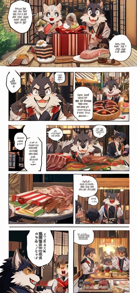 Color Comics、Japanese Manga、Cute werewolf talking about gifts、Birthday werewolf story、A four-panel comic about giving delicious meat as a gift、Delicious meat dishes as gifts、Happy Face、Your smile is cute、Cartoon werewolf talking about meat、