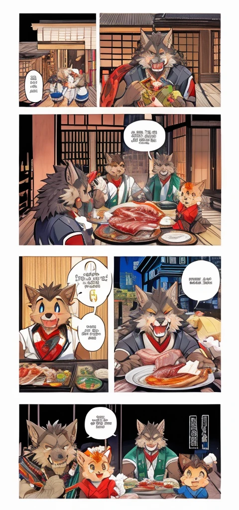 Color Comics、Japanese Manga、Cute werewolf talking about gifts、Birthday werewolf story、A four-panel comic about giving delicious meat as a gift、Delicious meat dishes as gifts、Happy Face、Your smile is cute、Cartoon werewolf talking about meat、