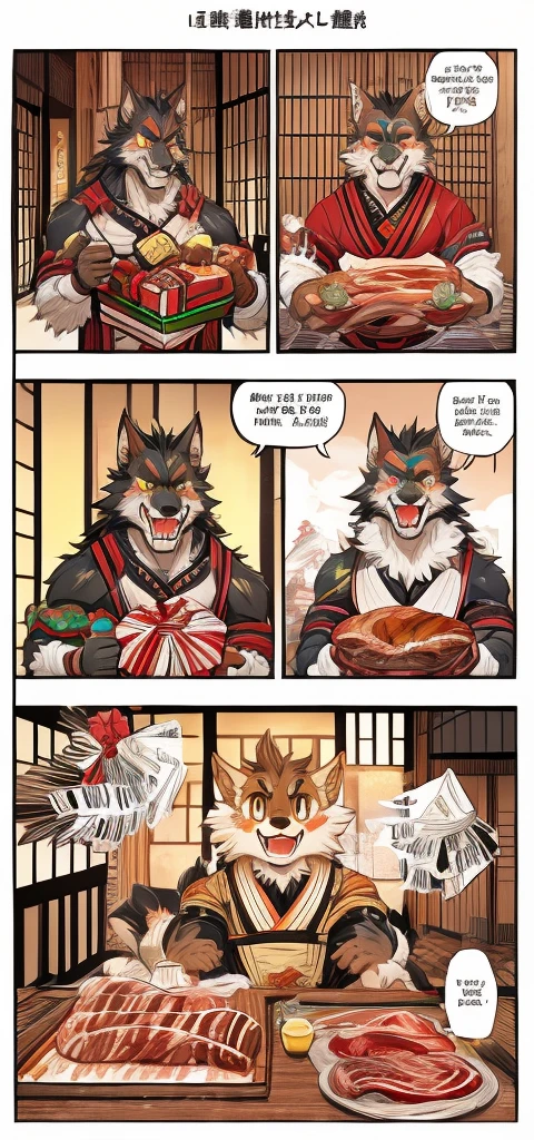 Color Comics、Japanese Manga、Cute werewolf talking about gifts、Birthday werewolf story、A four-panel comic about giving delicious meat as a gift、Delicious meat dishes as gifts、Happy Face、Your smile is cute、Cartoon werewolf talking about meat、