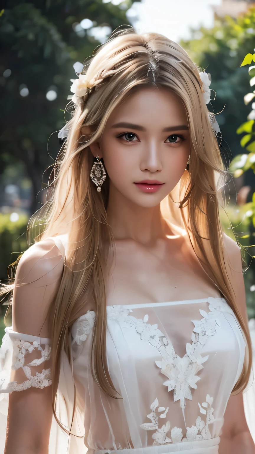 Blonde long-haired woman, black eye, royalty, white see-through dress, red jewelry, red earrings, moon, Noble, lady, high quality, very detailed, detailed face, masterpiece, city, garden, flowers, light,(((white see-through dress)))､(((upper body portrait)))