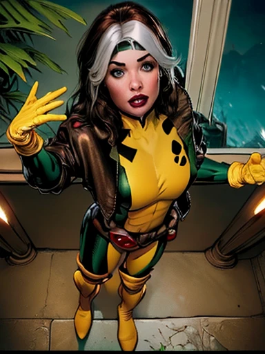 (masterpiece:1.0), (better_quality:1.2), (Dark Shot:1.3), Classic Rogue, 1991 Rogue X-Men, 1 girl, Only 1, full body photo, facing the viewer, medium length hair, reddish brown hair, wavy hair, a lock of white hair, green eyes, figure in shape, defiant stance, hand on hip, mocking, parted lips, medium breasts, diadema, Gloves, , jacket, belt, red lipstick, heavy makeup, lighting from above, (realism: 1.5), (realistic: 1.4), (absurd:1.4), 8K, ultra-detailed, Beautiful Woman Detailed, very fit girl, (bottom: Long dark hallway in a mansion), official art, bottom de pantalla de unidad CG extremadamente detallado de 8K, Very dark lighting, showy, ultra high resolution, photograph, 8K, HDR-10, Kodak photo 400, film grain, blurry bottom, (bokeh:1.2), film grain:1.2, (warm tone, warm tones:1.2), (color photography), professional photography

