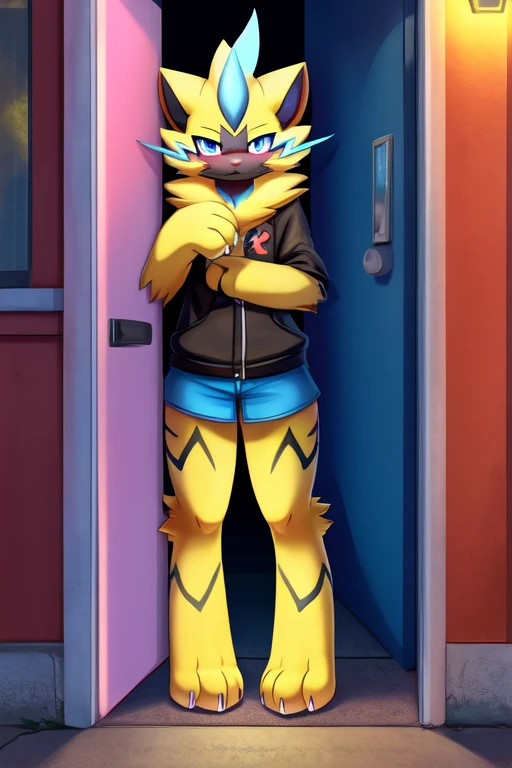 1girl, 1, zeraora, furry, anime, looking at viewer, detailed street background, evening, standing in the doorway, sad face, shy pose, wide opened sad eyes, blush, pokemon, yellow fur with milticolor parts, anthropomorphic character, clothed