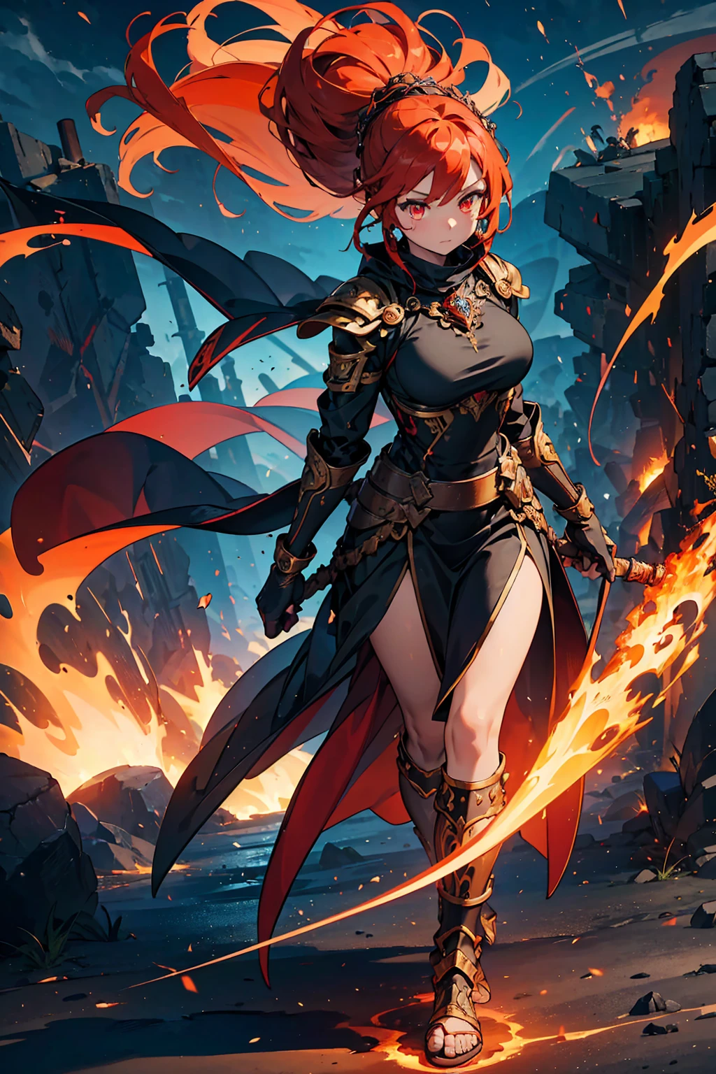 (((masterpiece, best quality, high detailed, 16k))) (1girl) A fiery, commanding woman with long, flaming red hair that seems to flicker and dance like living fire, and glowing amber eyes filled with the intensity of a raging inferno. Her expression is fierce and untamed, radiating power and passion. She wears a dark, ornate armor forged from volcanic rock and molten lava, with intricate flame patterns swirling across the metal. Her entire form is surrounded by a blazing aura, and the air around her crackles with heat. She stands in the heart of a volcano, with rivers of molten lava flowing at her feet, and the sky above filled with ash and fire. In her hand, she wields a massive flaming sword, its blade glowing with the heat of the sun. ((full body front view)), (extremely detailed:1.5)
