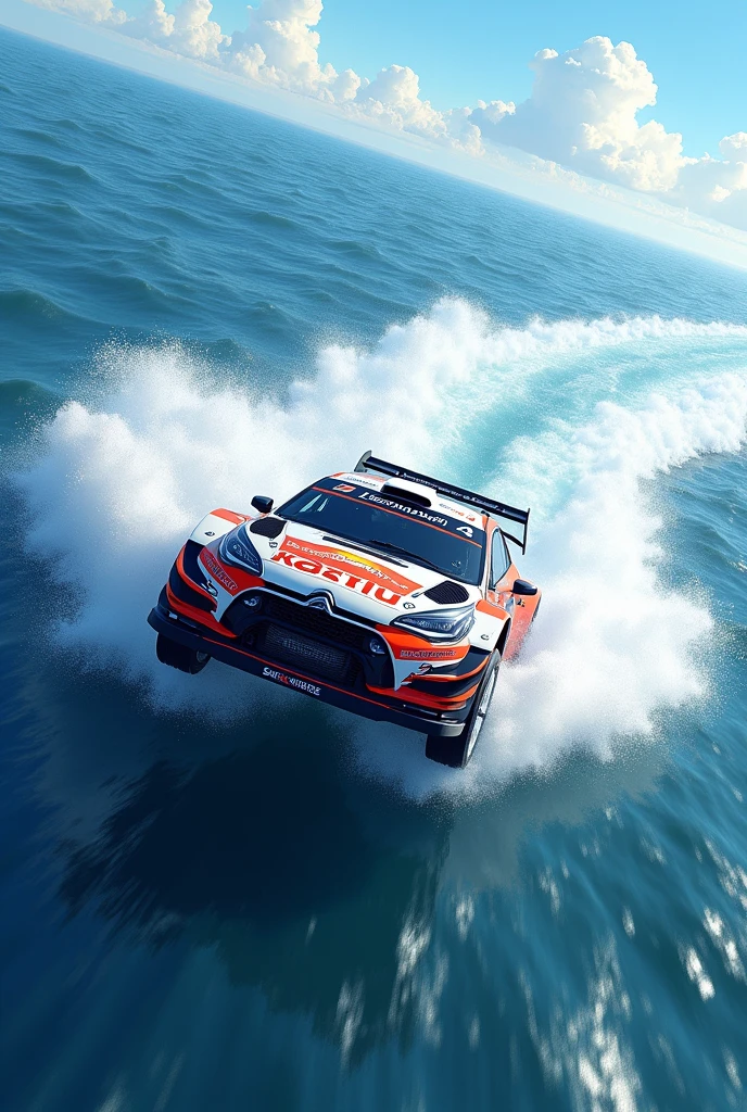 The open sea, Rally vehicle running on the sea, Rally, Flying the waves, from above, anime style, accurate, super detail, high quality, highres, 4K