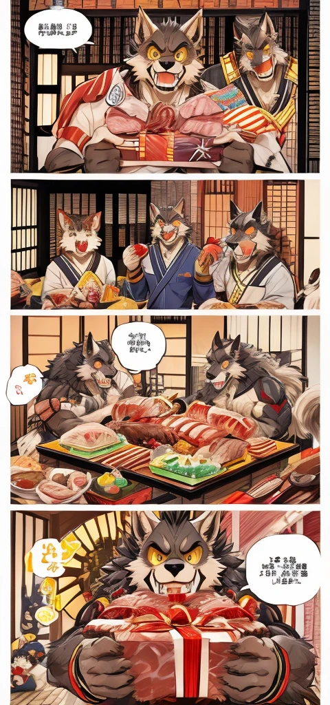 Color Comics、Japanese Manga、Cute werewolf talking about gifts、Birthday werewolf story、A four-panel comic about giving delicious meat as a gift、Delicious meat dishes as gifts、Happy Face、Your smile is cute、Cartoon werewolf talking about meat、