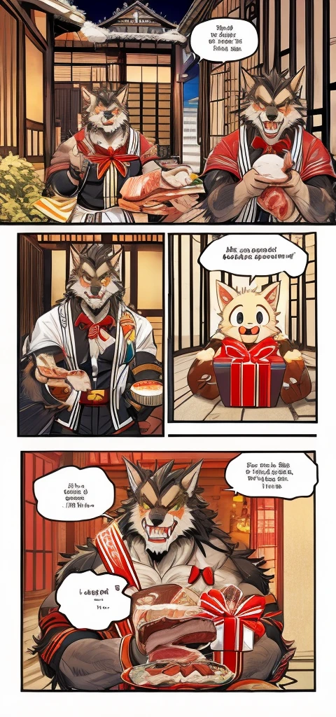 Color Comics、Japanese Manga、Cute werewolf talking about gifts、Birthday werewolf story、A four-panel comic about giving delicious meat as a gift、Delicious meat dishes as gifts、Happy Face、Your smile is cute、Cartoon werewolf talking about meat、